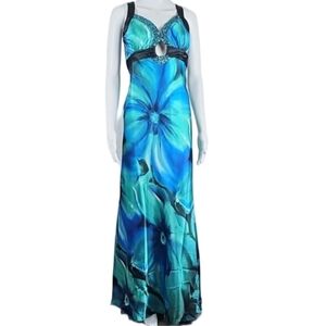 Hailey Logan By Adrianna Papell Blue Satin Floral Cut Out Open Back Formal Gown